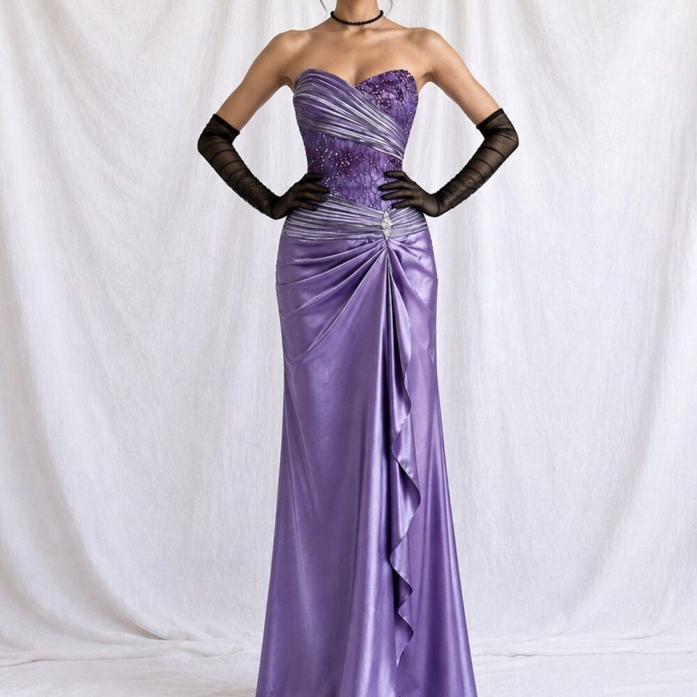 Vintage Y2K Purple Strapless Satin Lace Beaded Pleated Maxi Prom Dress Size S/M